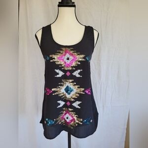 Rock & Republic black sequin aztec design racerback tank XS